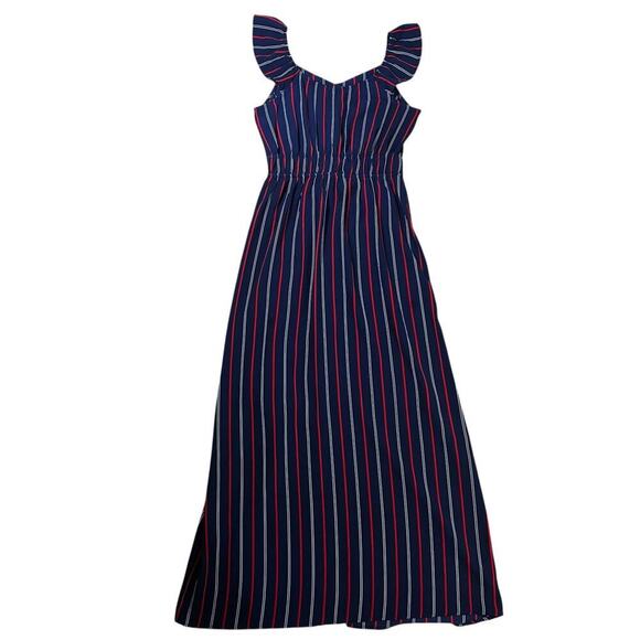 Monteau Maxi Sleeveless Dress Front Split Navy Red White Striped Size Medium - Picture 8 of 8